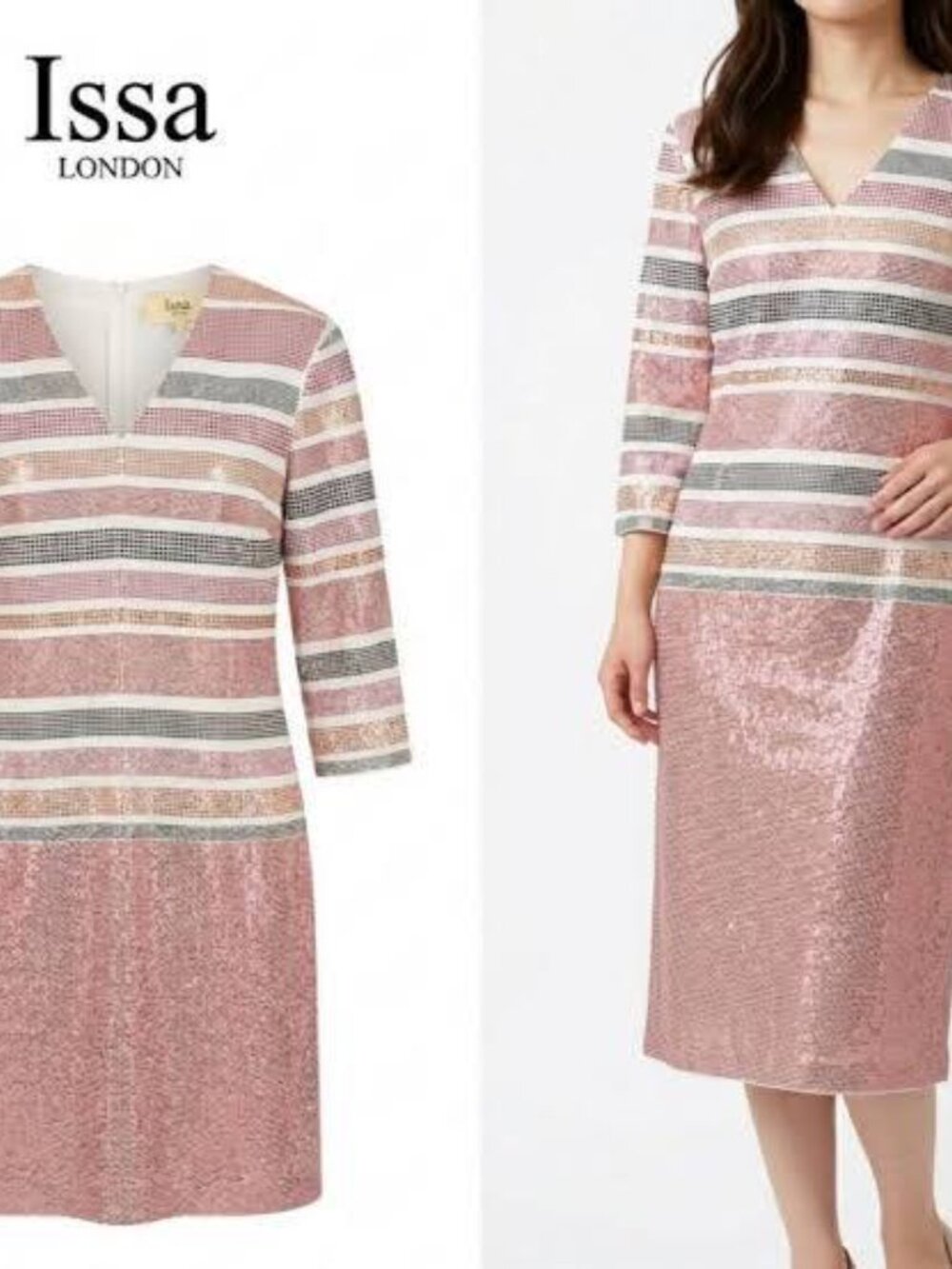 Issa London Womens V-Neck Striped Beaded Dress Size US 4
